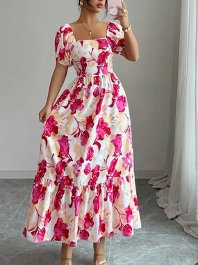 Floral Puff-Sleeve Maxi Dress - Pink White